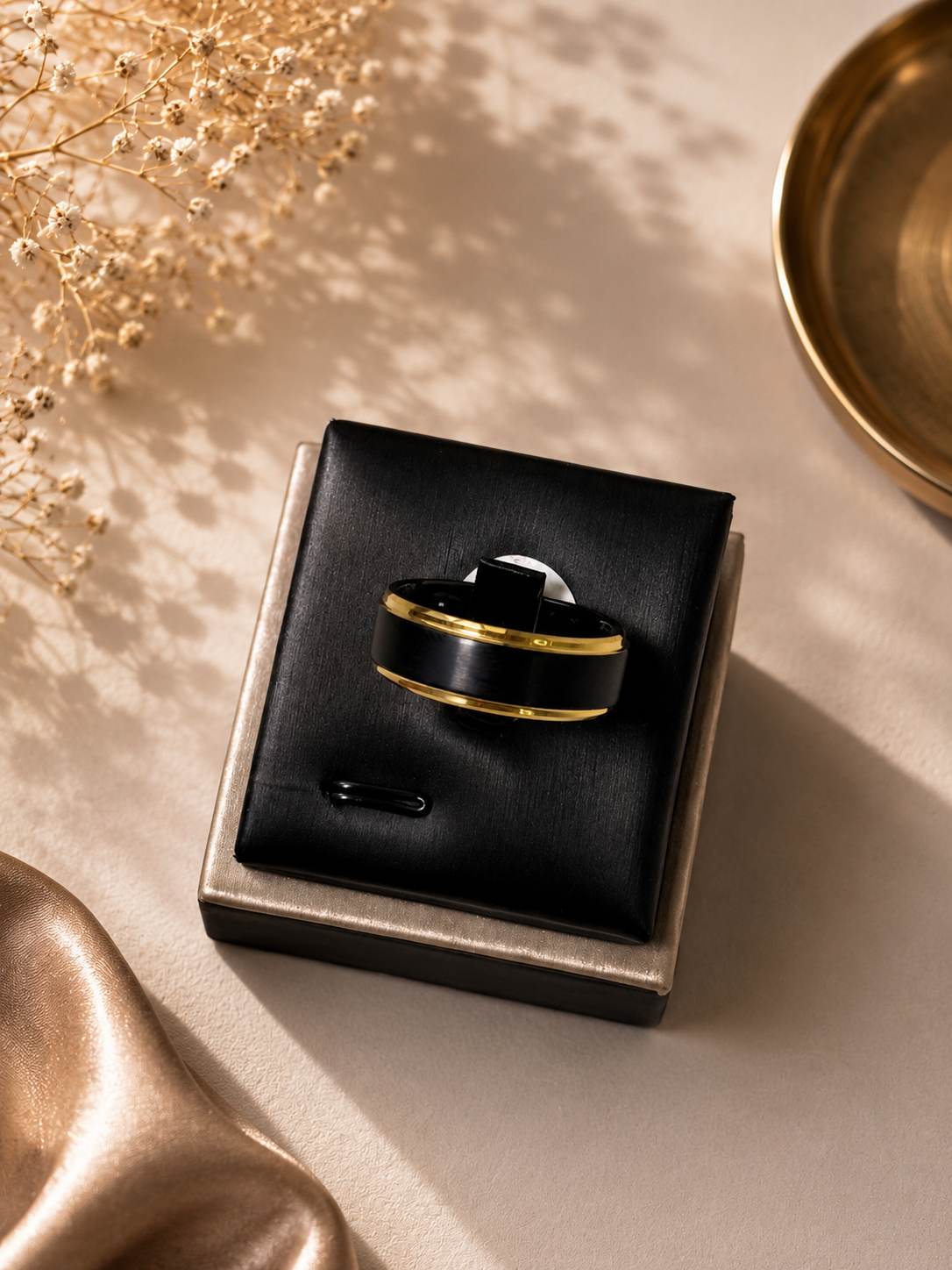 8mm brushed black tungsten ring with gold edges